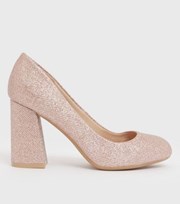 New Look Wide Fit Rose Gold Glitter Block Heel Court Shoes